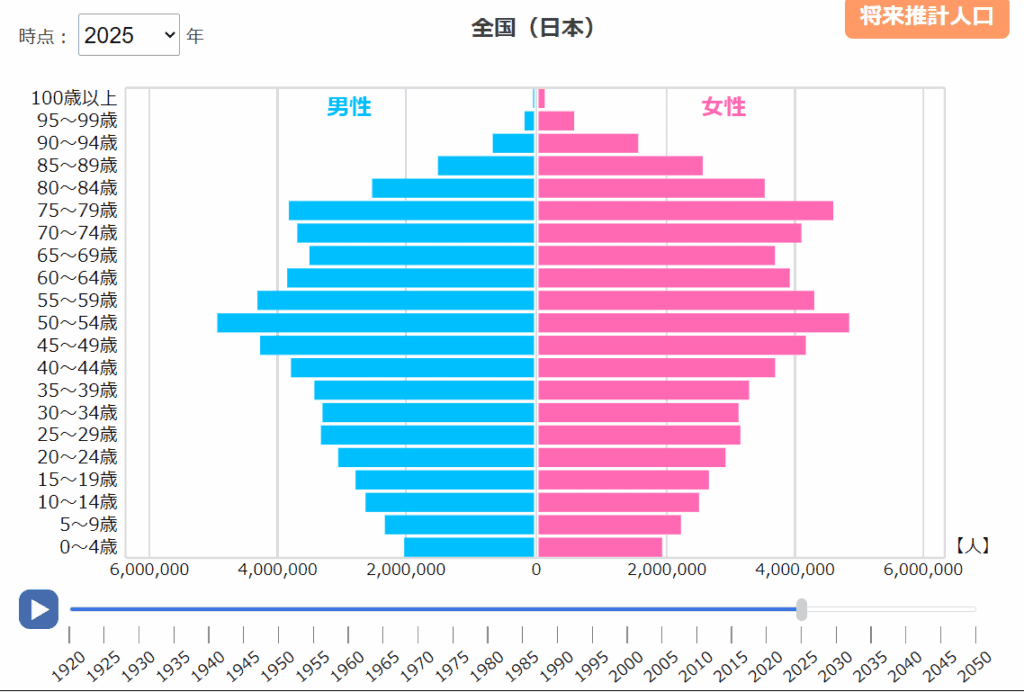 2025年の人口ピラミッド(統計ダッシュボードより)